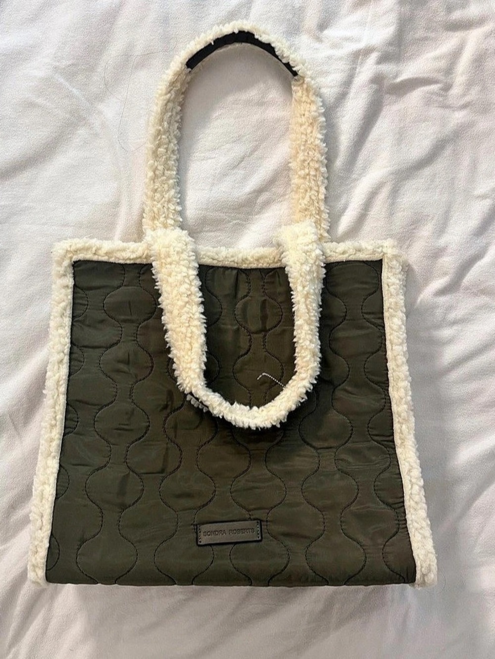 Sondra Roberts Quilted Sherpa Trim Tote in Green & White